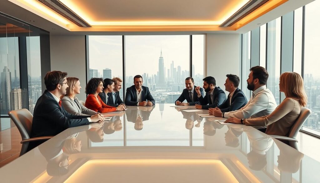 A sleek, modern conference room with a large, glossy table at the center. Seated around it are a diverse group of well-dressed individuals, deep in discussion. The lighting is warm and inviting, casting a soft glow on their faces as they lean in, engaged in animated conversation. In the background, a stunning cityscape is visible through floor-to-ceiling windows, hinting at the global nature of their work. The atmosphere exudes a sense of collaborative leadership, where innovative ideas and a shared vision are the driving forces behind the fintech revolution.