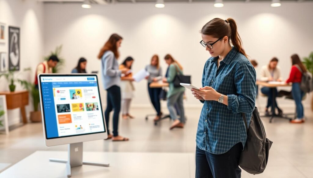 A sleek, modern learning management platform stands in the foreground, its intuitive interface and vibrant colors inviting users to explore its features. In the middle ground, students and educators collaborate seamlessly, engaged in a variety of interactive lessons and discussions. The background showcases a clean, minimalist workspace, with subtle lighting and a soothing color palette that creates a calming, focused atmosphere. The overall scene conveys a sense of efficiency, connectivity, and a deep commitment to empowering learners through cutting-edge educational technology.
