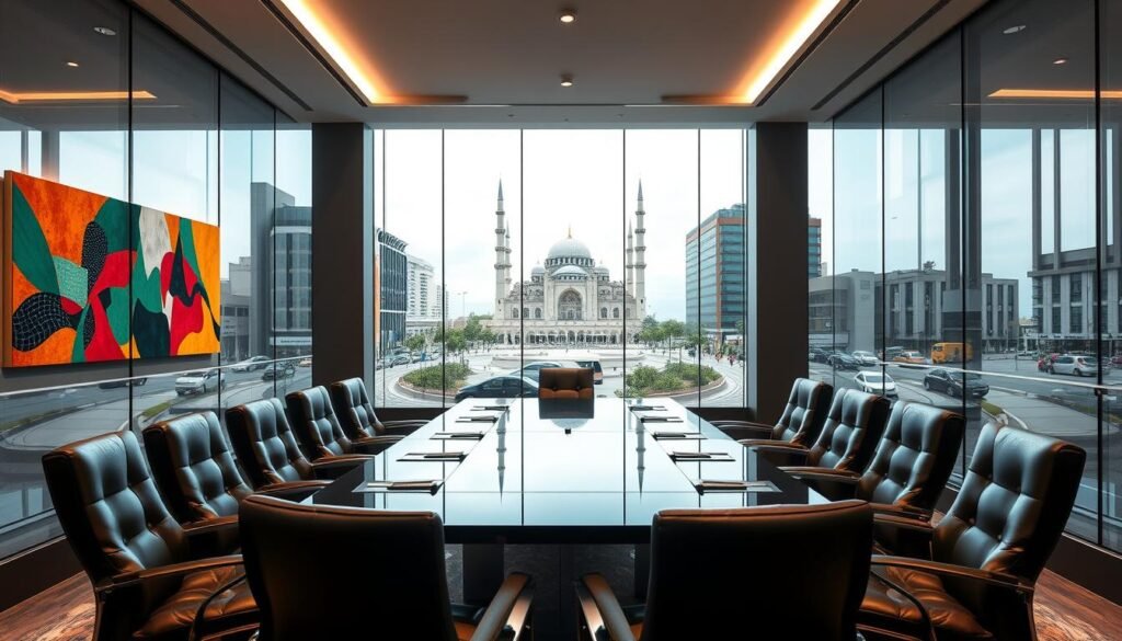 A sleek, modern office interior with floor-to-ceiling windows overlooking the bustling streets of Casablanca. A large conference table in the foreground, surrounded by plush leather chairs, sets the scene for a high-level meeting of Morocco's tech investment fund managers. The walls are adorned with colorful, abstract artworks that reflect the dynamism of the country's digital landscape. Soft, directional lighting casts an aura of professionalism and authority, while the overall atmosphere conveys a sense of innovation and forward-thinking. In the background, the iconic Hassan II Mosque can be seen, symbolizing the deep cultural heritage that underpins Morocco's digital transformation.