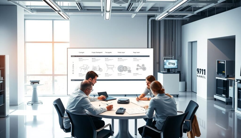 A sleek, modern office space with clean lines and minimalist decor, illuminated by soft, natural lighting filtering through large windows. In the foreground, a team of professionals collaborating around a circular table, sketching ideas and discussing product schematics. In the middle ground, a product development timeline is displayed on a digital screen, showcasing the various stages from concept to launch. The background features state-of-the-art product testing equipment and prototyping tools, creating an atmosphere of innovation and attention to detail. The overall mood is one of focused, productive energy, reflecting the process of bringing a new product to market with care and precision.