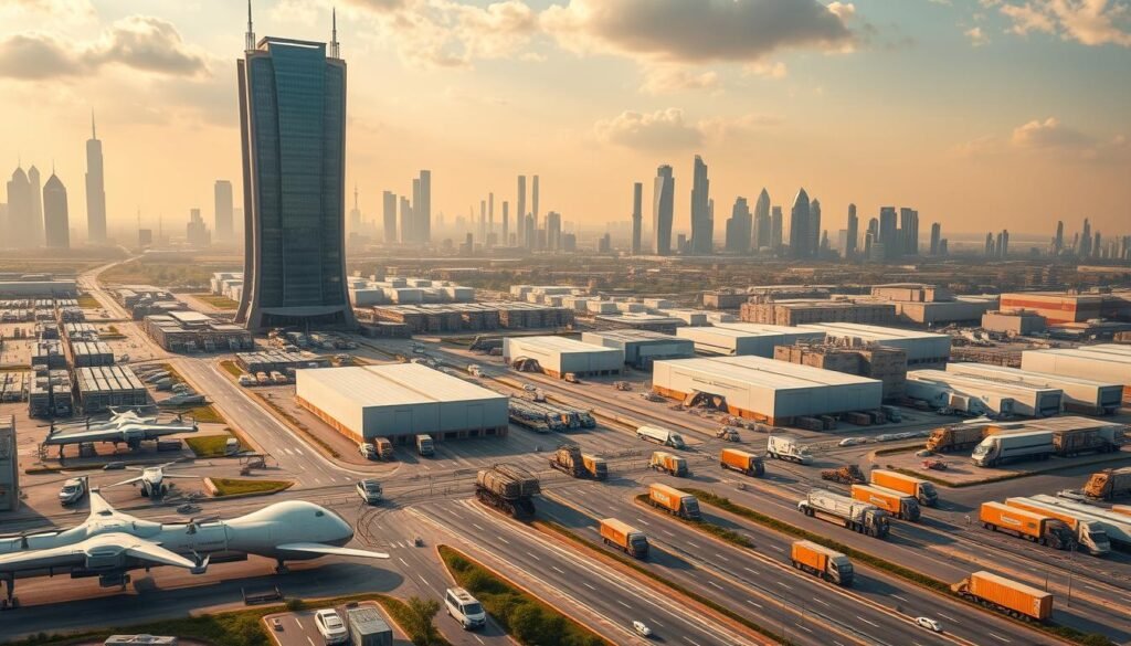 A sprawling, futuristic logistics hub, dominated by a towering, state-of-the-art AI-powered control center. In the foreground, autonomous delivery drones and self-driving cargo trucks seamlessly navigate the bustling landscape, coordinated by a complex network of AI algorithms. The middle ground features vast warehouses and distribution centers, their operations streamlined by advanced robotics and data analytics. The background is a skyline of gleaming skyscrapers, symbolizing the cutting-edge technology and innovation that powers this revolutionary logistics platform. Bathed in a warm, golden light, the scene conveys a sense of efficiency, connectivity, and the limitless potential of AI-driven logistics.