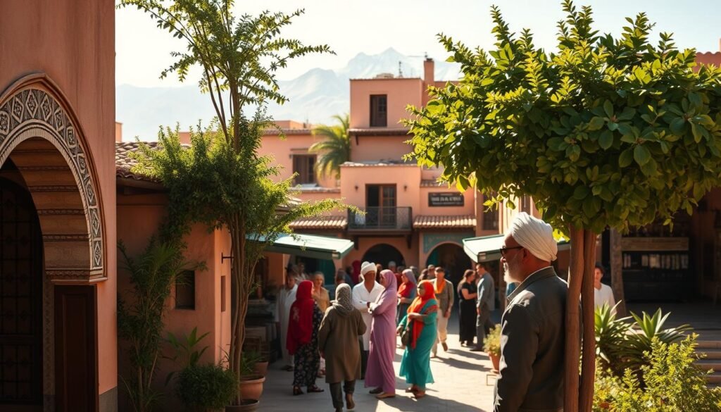 A sun-drenched medina in Marrakesh, with traditional riad-style homes and lush, leafy courtyards. In the foreground, a local real estate agent showcases a rental property, its ornate arched doorways and intricate tilework reflecting the rich Moroccan architectural heritage. In the middle ground, prospective tenants browse the bustling marketplace, their colorful djellabas and turbans adding vibrancy to the scene. The distant Atlas Mountains loom in the background, their snow-capped peaks framing the tranquil, yet dynamic rental property market. The lighting is warm and golden, capturing the essence of Morocco's timeless allure and the promise of a unique rental experience.