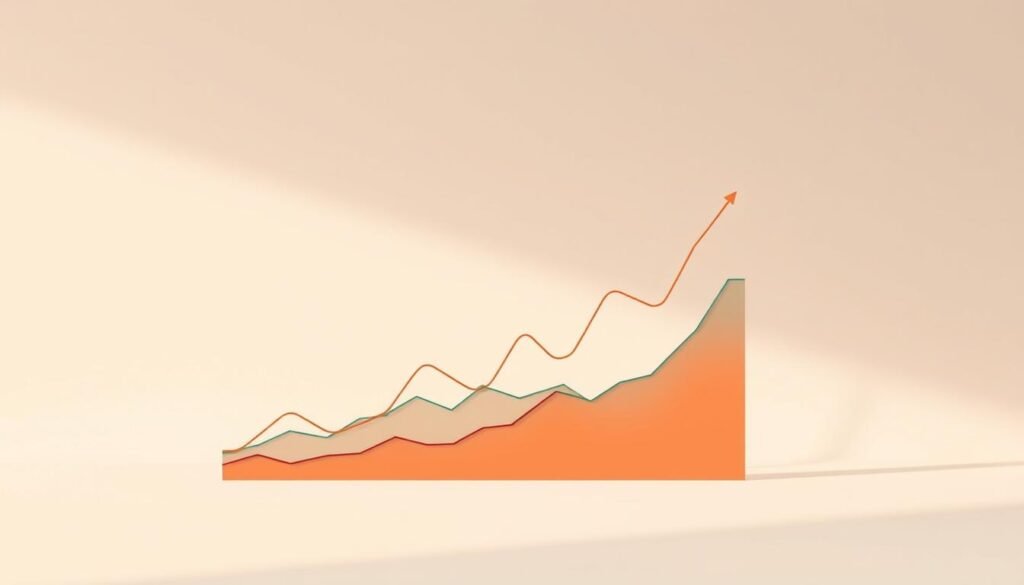 A three-dimensional line graph against a clean, minimalistic background, showcasing the investment performance trends of Maroc Numeric Fund over time. The graph should have a sleek, modern design with distinct data lines in a color palette that evokes the Moroccan aesthetic, such as rich ochres, deep blues, and earthy tones. Subtle lighting from the side casts gentle shadows, adding depth and dimensionality to the visualization. The overall presentation should convey a sense of professionalism, stability, and the promising future of Morocco's digital landscape.