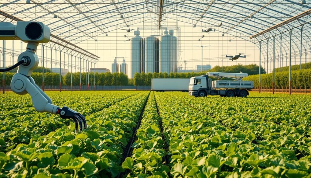 A vast, modern greenhouse with rows of lush, verdant crops thriving under a technologically-advanced irrigation and monitoring system. In the foreground, a robotic harvester delicately plucks ripe produce, its movements precise and efficient. Towering silos and storage facilities loom in the middle ground, housing the latest data-driven inventory management software. In the background, a network of smart trucks and drones seamlessly transport the harvested goods, their routes optimized by AI-powered logistics. The scene is bathed in warm, natural lighting, conveying a sense of harmony between technology and nature. This is a technology-driven agricultural supply chain, where innovation and sustainability converge to bring the freshest produce to market.