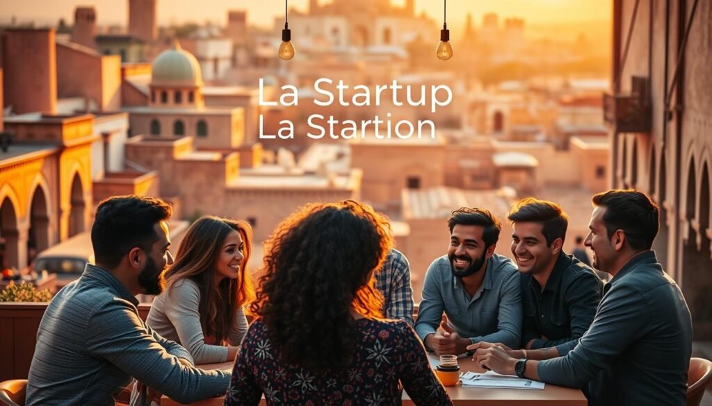 A vibrant Moroccan cityscape, with the iconic architecture of Marrakech's medina in the background. In the foreground, a group of diverse entrepreneurs gathered around a table, engaged in a lively discussion, their faces animated with ideas and enthusiasm. The lighting is warm and golden, casting a soft glow over the scene, evoking a sense of productivity and inspiration. Overhead, a modern, minimalist sign proudly displays the words "La Startup Station," conveying the mission of empowering startups in this dynamic ecosystem. The composition is carefully balanced, drawing the viewer's attention to the collaborative spirit at the heart of this entrepreneurial hub. A vibrant Moroccan cityscape, with the iconic architecture of Marrakech's medina in the background. In the foreground, a group of diverse entrepreneurs gathered around a table, engaged in a lively discussion, their faces animated with ideas and enthusiasm. The lighting is warm and golden, casting a soft glow over the scene, evoking a sense of productivity and inspiration. Overhead, a modern, minimalist sign proudly displays the words "La Startup Station," conveying the mission of empowering startups in this dynamic ecosystem. The composition is carefully balanced, drawing the viewer's attention to the collaborative spirit at the heart of this entrepreneurial hub.