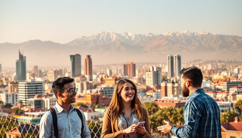A vibrant and modern cityscape showcasing the innovative ecosystem of Morocco. In the foreground, a group of young professionals engage in a lively discussion, their faces animated as they share ideas. The middle ground features a mix of sleek high-rise buildings and traditional Moroccan architecture, representing the blend of old and new. The background is dominated by the majestic Atlas Mountains, their snow-capped peaks casting a serene glow over the scene. Soft, warm lighting illuminates the entire landscape, conveying a sense of optimism and progress. The overall composition captures the energy, diversity, and forward-thinking spirit of Morocco's thriving innovation hub.