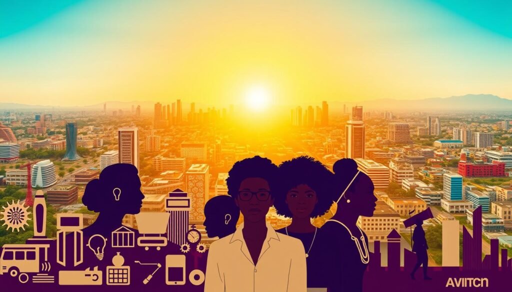 A vibrant collage depicting an "African startup investment portfolio". In the foreground, a collection of modern, minimalist icons representing various tech sectors - fintech, healthcare, e-commerce, and more. The middle ground showcases silhouettes of young, diverse entrepreneurs, their faces lit with determination. In the background, a panoramic view of bustling African cityscapes, skyscrapers, and innovation hubs, all bathed in warm, golden light. The scene exudes a sense of energy, progress, and the boundless potential of the African startup ecosystem. Captured with a wide-angle lens, the composition conveys a comprehensive, holistic view of this thriving investment landscape.