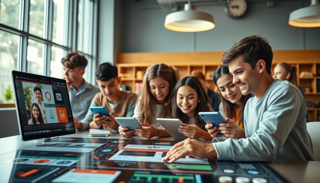 A vibrant, interactive learning platform with a sleek, user-friendly interface. The foreground showcases various educational tools and widgets, such as quizzes, video players, and virtual whiteboards. The middle ground features an array of engaged students interacting with the platform on their devices, their faces alight with curiosity and discovery. The background depicts a modern, well-lit classroom or study space, with large windows letting in natural light and warm, inviting colors. The overall scene conveys a sense of innovation, collaboration, and a transformed educational experience. Crisp, high-resolution, cinematic lighting, and a wide-angle lens capture the dynamic, immersive nature of this cutting-edge learning platform.