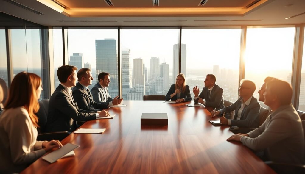 A well-lit boardroom setting with a large, polished wooden conference table at the center. Around the table, several business executives in professional attire engaged in a lively discussion, gesturing animatedly. In the background, floor-to-ceiling windows offer a view of a bustling cityscape, conveying a sense of prosperity and opportunity. Soft, warm lighting casts a subtle glow, creating an atmosphere of collaboration and strategic planning. The overall scene evokes an impression of a successful funding round, with investors providing valuable support to a thriving business venture.
