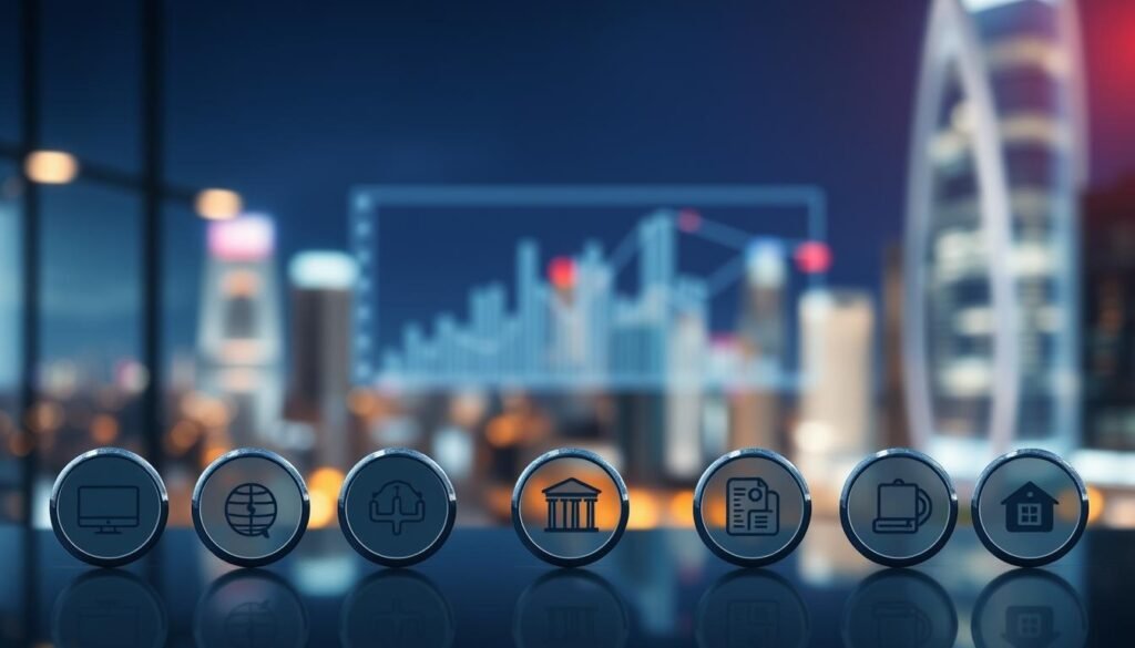 A well-lit, professional-looking image showcasing various investment strategies and sectors. In the foreground, a series of circular icons representing different investment focus areas such as technology, healthcare, renewable energy, and finance. In the middle ground, a sleek, minimalist graph or chart visualizing investment data and trends. In the background, a blurred cityscape or skyline, conveying a sense of global connectivity and economic activity. The overall composition should have a modern, high-quality aesthetic, with a balanced use of color, depth, and visual interest to effectively illustrate the "AfricInvest's Investment Strategies and Sector Focus" section. A well-lit, professional-looking image showcasing various investment strategies and sectors. In the foreground, a series of circular icons representing different investment focus areas such as technology, healthcare, renewable energy, and finance. In the middle ground, a sleek, minimalist graph or chart visualizing investment data and trends. In the background, a blurred cityscape or skyline, conveying a sense of global connectivity and economic activity. The overall composition should have a modern, high-quality aesthetic, with a balanced use of color, depth, and visual interest to effectively illustrate the "AfricInvest's Investment Strategies and Sector Focus" section.