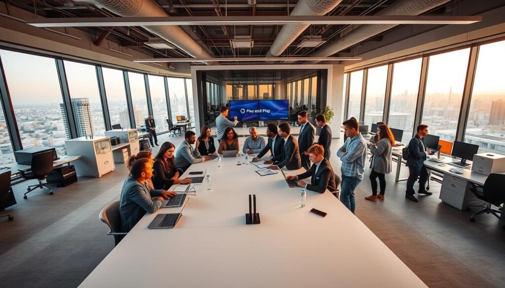 A wide-angled, high-resolution photograph of a modern accelerator hub in Casablanca, Morocco. The foreground features a group of diverse entrepreneurs in business attire, engaged in lively discussions around a large conference table. The middle-ground showcases state-of-the-art workstations, 3D printers, and collaborative spaces, exuding an atmosphere of innovation and productivity. In the background, floor-to-ceiling windows offer panoramic views of the bustling Moroccan cityscape, bathed in warm, golden lighting. The overall scene conveys the objectives of the Plug and Play Morocco Accelerator program - to foster a dynamic startup ecosystem, facilitate global connections, and accelerate the growth of innovative businesses.