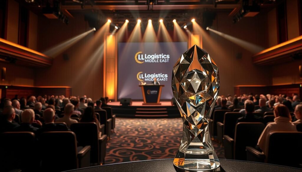 An ornate podium stands center stage, adorned with golden laurels and a sleek, contemporary design. Spotlights bathe the scene in a warm, celebratory glow, casting dramatic shadows that accentuate the event's grandeur. Rows of plush seating surround the stage, filled with a distinguished audience of industry leaders and logistics professionals. The atmosphere exudes a palpable sense of anticipation and achievement, reflecting the prestigious "Logistics Middle East Awards Recognition" ceremony. In the foreground, a crystal trophy glistens, its facets refracting the stage lighting into a dazzling display. The background features a sophisticated, minimalist backdrop that allows the award itself to take center stage, symbolizing the exceptional accomplishments being honored.