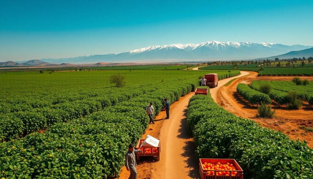 Lush green fields of Morocco's fertile farmlands, rows of vibrant produce ripe for the picking. In the foreground, workers carefully sort and package an array of fresh fruits and vegetables - oranges, tomatoes, leafy greens, all glistening under the warm Moroccan sun. In the middle ground, trucks and carts laden with crates make their way along a winding dirt road, transporting the bounty to bustling local markets and distribution hubs. In the distance, the Atlas Mountains rise majestically, their snow-capped peaks a testament to the diverse landscapes that give Morocco's fresh produce its distinct character. Warm, earthy tones permeate the scene, creating a sense of rustic authenticity. A dynamic, hardworking supply chain bringing the very best of Morocco's agricultural riches to tables near and far.