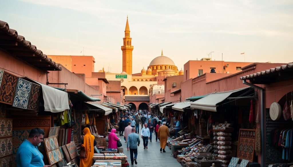 Marrakech's vibrant real estate market, bustling with traditional Moroccan architecture. In the foreground, vendors haggle over ornate tiles and intricate woodcarvings, their vibrant garments adding pops of color. The middle ground features a maze of narrow alleys, lined with ochre-hued buildings and archways. In the background, the iconic Koutoubia Mosque towers above, its minaret silhouetted against a sky tinged with warm hues. The scene is illuminated by the warm, golden glow of the Moroccan sun, casting long shadows and creating a sense of timeless energy. Capture the essence of this dynamic, historic marketplace.