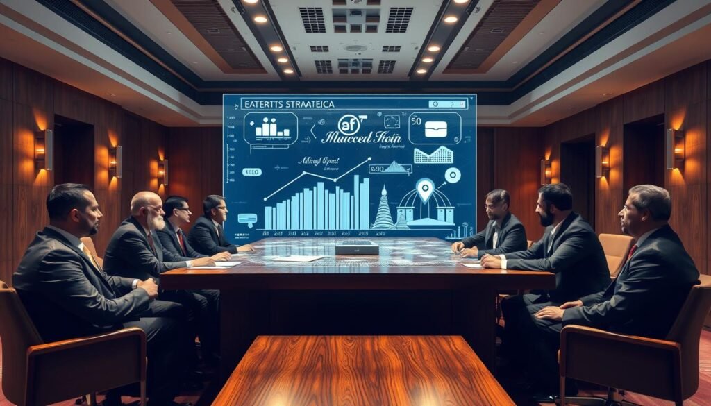 a strategic boardroom meeting in a modern Moroccan office, with a large wooden table surrounded by business executives in tailored suits, discussing investment opportunities and partnerships on a holographic display projected above the table, bathed in warm, directional lighting from wall-mounted fixtures, creating a sense of collaborative and future-focused decision-making
