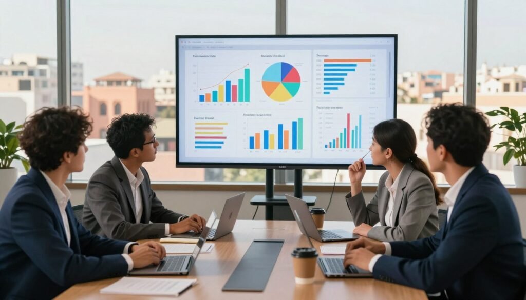 A professional office environment with a large screen displaying various colorful survey feedback graphs and charts. In the foreground, a diverse group of three professionals, two men and one woman, are reviewing the results; they are all dressed in smart business attire, engaging in a thoughtful discussion. The middle ground features a modern conference table with laptops, notebooks, and coffee cups. The background shows large windows letting in warm, natural light with a bustling cityscape of a Moroccan city beyond. The mood conveys collaboration and insight, highlighting the importance of data analysis for decision-making. The atmosphere is vibrant and dynamic, emphasizing innovation within organizations. A professional office environment with a large screen displaying various colorful survey feedback graphs and charts. In the foreground, a diverse group of three professionals, two men and one woman, are reviewing the results; they are all dressed in smart business attire, engaging in a thoughtful discussion. The middle ground features a modern conference table with laptops, notebooks, and coffee cups. The background shows large windows letting in warm, natural light with a bustling cityscape of a Moroccan city beyond. The mood conveys collaboration and insight, highlighting the importance of data analysis for decision-making. The atmosphere is vibrant and dynamic, emphasizing innovation within organizations.