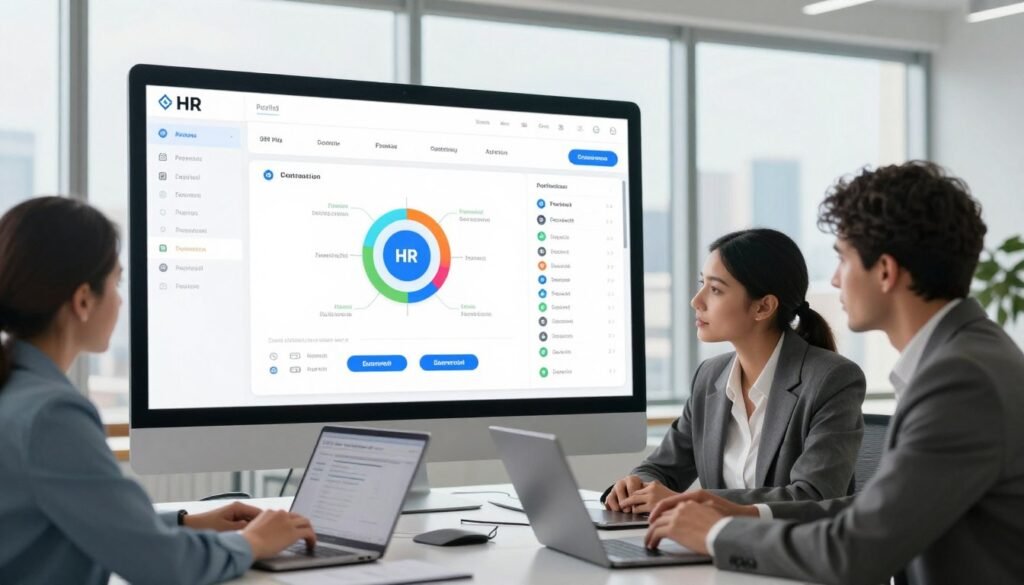 A sleek, modern HR payroll platform interface displayed on a large, high-definition screen in a bright, airy office. In the foreground, a diverse team of three professionals, all in smart business attire, collaborates around a table with laptops open, actively discussing payroll solutions. In the middle, the screen shows intuitive graphs, charts, and user-friendly navigation of the HR software with vibrant colors, illustrating streamlined payroll processes. The background features large windows with a cityscape view, soft natural light flooding the space to create a welcoming atmosphere. The image embodies a sense of innovation, efficiency, and teamwork, highlighting the advantages of modern HR solutions for businesses in Morocco. The angle emphasizes collaboration and professional engagement. A sleek, modern HR payroll platform interface displayed on a large, high-definition screen in a bright, airy office. In the foreground, a diverse team of three professionals, all in smart business attire, collaborates around a table with laptops open, actively discussing payroll solutions. In the middle, the screen shows intuitive graphs, charts, and user-friendly navigation of the HR software with vibrant colors, illustrating streamlined payroll processes. The background features large windows with a cityscape view, soft natural light flooding the space to create a welcoming atmosphere. The image embodies a sense of innovation, efficiency, and teamwork, highlighting the advantages of modern HR solutions for businesses in Morocco. The angle emphasizes collaboration and professional engagement.