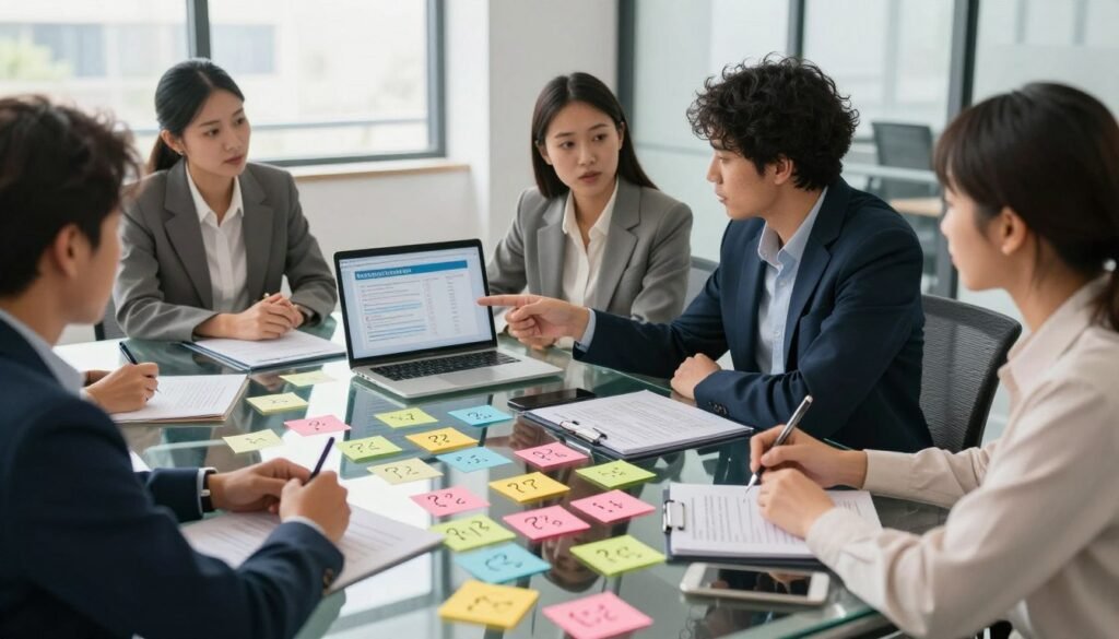 A visually appealing office setting where a diverse group of professionals, dressed in business attire, brainstorm various question types for surveys. In the foreground, a large, clear glass table with colorful sticky notes containing different question formats, such as multiple-choice, Likert scales, and open-ended prompts. In the middle ground, two professionals actively discussing while pointing at a laptop displaying survey analytics, emphasizing engagement. The background features a modern office environment with large windows allowing soft, natural light to illuminate the scene, creating a bright and inviting atmosphere. The camera angle is slightly elevated, capturing the action and dynamics of collaboration, conveying a mood of creativity and productivity. A visually appealing office setting where a diverse group of professionals, dressed in business attire, brainstorm various question types for surveys. In the foreground, a large, clear glass table with colorful sticky notes containing different question formats, such as multiple-choice, Likert scales, and open-ended prompts. In the middle ground, two professionals actively discussing while pointing at a laptop displaying survey analytics, emphasizing engagement. The background features a modern office environment with large windows allowing soft, natural light to illuminate the scene, creating a bright and inviting atmosphere. The camera angle is slightly elevated, capturing the action and dynamics of collaboration, conveying a mood of creativity and productivity.