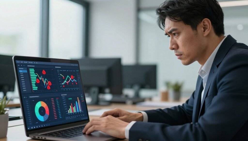 A visually compelling representation of data risks, featuring a professional business analyst in a smart casual outfit, examining a complex set of graphs and charts displayed on a laptop screen. In the foreground, focus on the analyst's concentrated expression, with a slight furrow of concern on their brow. In the middle, prominent visual elements include vibrant, chaotic data streams and red warning signals, symbolizing potential data breaches or inaccuracies. The background should feature a sleek, modern office environment with large windows allowing soft, natural light to shine, creating a contemplative and serious mood. The angle of the scene should be slightly above eye level, emphasizing the importance of vigilance in data analytics while avoiding clutter. A visually compelling representation of data risks, featuring a professional business analyst in a smart casual outfit, examining a complex set of graphs and charts displayed on a laptop screen. In the foreground, focus on the analyst's concentrated expression, with a slight furrow of concern on their brow. In the middle, prominent visual elements include vibrant, chaotic data streams and red warning signals, symbolizing potential data breaches or inaccuracies. The background should feature a sleek, modern office environment with large windows allowing soft, natural light to shine, creating a contemplative and serious mood. The angle of the scene should be slightly above eye level, emphasizing the importance of vigilance in data analytics while avoiding clutter.