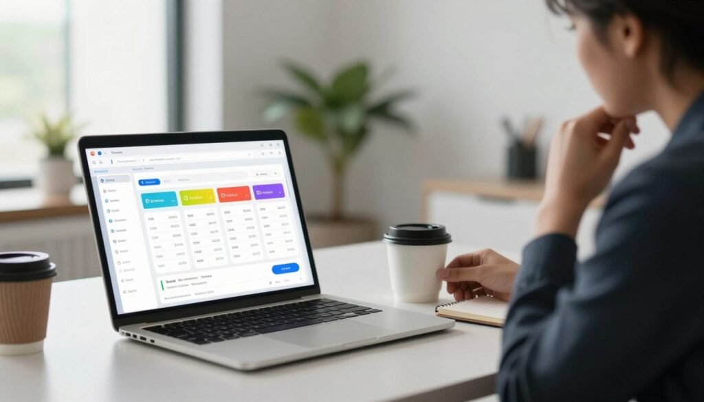 A clean, modern workspace scene depicting a digital display of time tracking software pricing plans. In the foreground, focus on a sleek laptop with an open screen showcasing colorful, visually appealing pricing options in a user-friendly interface. Nearby, a stylish coffee cup and a notepad with business notes add a professional touch. The middle ground features a blurred silhouette of a business professional in formal attire, thoughtfully analyzing the pricing plans. In the background, soft natural light filters through a large window, illuminating the minimalist office environment with potted plants and neutral decor. The atmosphere is focused and productive, conveying clarity and decision-making in the context of business growth. A clean, modern workspace scene depicting a digital display of time tracking software pricing plans. In the foreground, focus on a sleek laptop with an open screen showcasing colorful, visually appealing pricing options in a user-friendly interface. Nearby, a stylish coffee cup and a notepad with business notes add a professional touch. The middle ground features a blurred silhouette of a business professional in formal attire, thoughtfully analyzing the pricing plans. In the background, soft natural light filters through a large window, illuminating the minimalist office environment with potted plants and neutral decor. The atmosphere is focused and productive, conveying clarity and decision-making in the context of business growth.