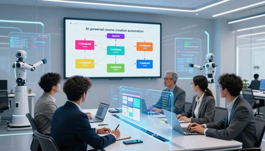 A dynamic scene depicting "AI-powered course creation automation" in a sleek, modern workspace. In the foreground, a diverse group of professionals, dressed in business attire, collaborate around a digital table displaying a holographic interface with course modules and data analytics. In the middle ground, a large screen showcases a vibrant flowchart showing interconnected ideas and processes of course creation, with bright colors emphasizing innovation. The background features futuristic elements like transparent screens and AI-driven robots assisting in content generation, illuminated by soft blue and white lighting. The atmosphere is one of collaboration and technological advancement, capturing the essence of knowledge management and automation. The image should evoke a sense of progress and modernity. A dynamic scene depicting "AI-powered course creation automation" in a sleek, modern workspace. In the foreground, a diverse group of professionals, dressed in business attire, collaborate around a digital table displaying a holographic interface with course modules and data analytics. In the middle ground, a large screen showcases a vibrant flowchart showing interconnected ideas and processes of course creation, with bright colors emphasizing innovation. The background features futuristic elements like transparent screens and AI-driven robots assisting in content generation, illuminated by soft blue and white lighting. The atmosphere is one of collaboration and technological advancement, capturing the essence of knowledge management and automation. The image should evoke a sense of progress and modernity.