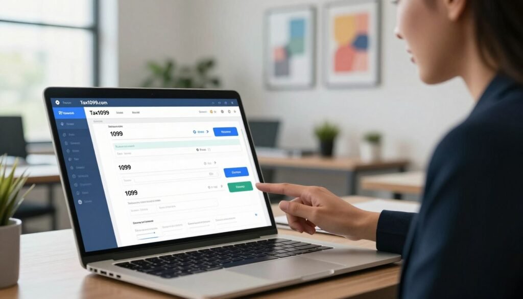 A modern business tax filing platform interface displayed on a sleek laptop screen in a well-lit office environment. In the foreground, the laptop highlights vibrant and user-friendly features such as an intuitive dashboard, real-time analytics, and quick eFiling options for 1099 forms. In the middle ground, a professional businesswoman in smart attire is engaging with the platform, showcasing a sense of ease and efficiency. The background reveals a tidy office with motivational artwork and plants, enhancing the atmosphere of professionalism and productivity. Soft, natural lighting filters through a window, creating a welcoming ambiance. The overall mood is focused, efficient, and secure, emphasizing the reliability of Tax1099.com for eFiling. A modern business tax filing platform interface displayed on a sleek laptop screen in a well-lit office environment. In the foreground, the laptop highlights vibrant and user-friendly features such as an intuitive dashboard, real-time analytics, and quick eFiling options for 1099 forms. In the middle ground, a professional businesswoman in smart attire is engaging with the platform, showcasing a sense of ease and efficiency. The background reveals a tidy office with motivational artwork and plants, enhancing the atmosphere of professionalism and productivity. Soft, natural lighting filters through a window, creating a welcoming ambiance. The overall mood is focused, efficient, and secure, emphasizing the reliability of Tax1099.com for eFiling.