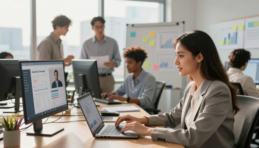 A modern office environment depicting a diverse team of professionals working collaboratively on multichannel outreach campaigns. In the foreground, a focused female marketer, dressed in professional business attire, is engaged in a video call on her laptop, surrounded by digital screens displaying analytics and social media platforms. In the middle ground, colleagues are seen brainstorming ideas, with sticky notes and graphs on a whiteboard. The background features large windows with a cityscape view, bathed in warm, natural sunlight. Use a soft focus lens effect to create depth, while warm lighting adds an inviting atmosphere. The overall mood should be energetic and innovative, reflecting teamwork and modern sales strategies. A modern office environment depicting a diverse team of professionals working collaboratively on multichannel outreach campaigns. In the foreground, a focused female marketer, dressed in professional business attire, is engaged in a video call on her laptop, surrounded by digital screens displaying analytics and social media platforms. In the middle ground, colleagues are seen brainstorming ideas, with sticky notes and graphs on a whiteboard. The background features large windows with a cityscape view, bathed in warm, natural sunlight. Use a soft focus lens effect to create depth, while warm lighting adds an inviting atmosphere. The overall mood should be energetic and innovative, reflecting teamwork and modern sales strategies.