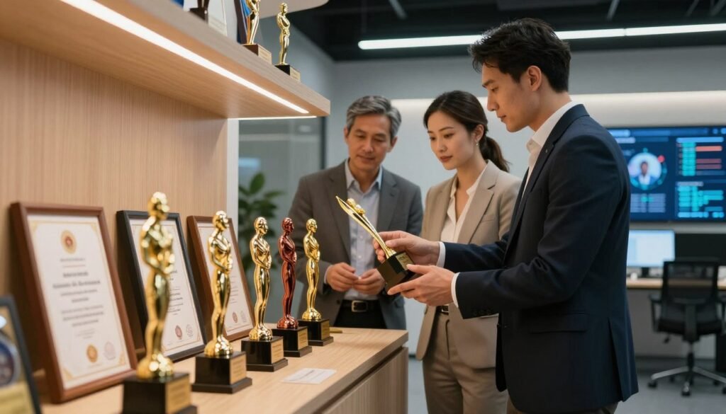 A modern training platform environment showcasing multiple industry awards and recognitions displayed on an elegant wooden display case in the foreground. In the middle ground, a diverse group of three professionals—two men and one woman—are dressed in smart business attire, examining the awards with expressions of pride and accomplishment. Soft, warm lighting highlights the trophies, creating a celebratory atmosphere. The background features a sleek, contemporary office setting with hints of advanced technology, such as digital screens illustrating training metrics and achievements. The angle is slightly tilted upward to emphasize the stature of the awards while capturing the engaged expressions of the professionals, enhancing the mood of success and recognition within the industry. A modern training platform environment showcasing multiple industry awards and recognitions displayed on an elegant wooden display case in the foreground. In the middle ground, a diverse group of three professionals—two men and one woman—are dressed in smart business attire, examining the awards with expressions of pride and accomplishment. Soft, warm lighting highlights the trophies, creating a celebratory atmosphere. The background features a sleek, contemporary office setting with hints of advanced technology, such as digital screens illustrating training metrics and achievements. The angle is slightly tilted upward to emphasize the stature of the awards while capturing the engaged expressions of the professionals, enhancing the mood of success and recognition within the industry.