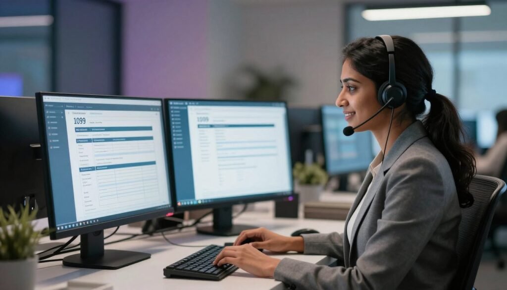 A professional customer support representative seated at a modern workstation, engaged in a call with a client, showcasing a commitment to data security. The foreground features the representative, a South Asian woman in business attire, focused and smiling, with a headset on. In the middle ground, an array of computing devices displays secure, encrypted documents related to 1099 forms, emphasizing a seamless online process. The background depicts a sleek, contemporary office environment with soft, ambient lighting and vibrant colors, creating a sense of trust and professionalism. The scene captures a warm atmosphere, instilling confidence in the viewer about data safety and customer care. A professional customer support representative seated at a modern workstation, engaged in a call with a client, showcasing a commitment to data security. The foreground features the representative, a South Asian woman in business attire, focused and smiling, with a headset on. In the middle ground, an array of computing devices displays secure, encrypted documents related to 1099 forms, emphasizing a seamless online process. The background depicts a sleek, contemporary office environment with soft, ambient lighting and vibrant colors, creating a sense of trust and professionalism. The scene captures a warm atmosphere, instilling confidence in the viewer about data safety and customer care.