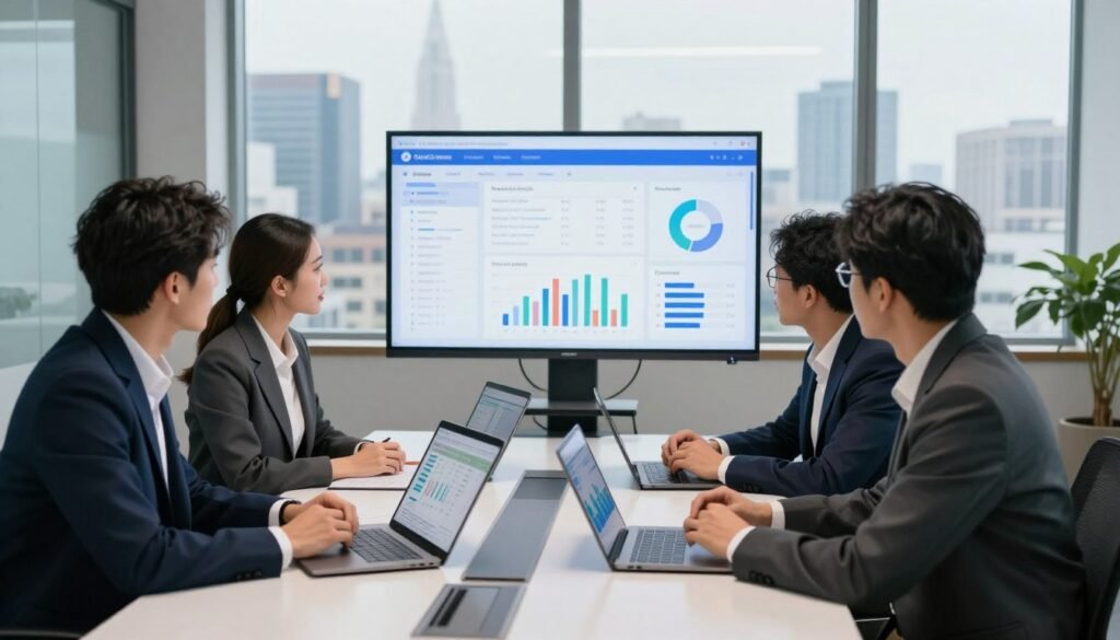 A professional workspace showcasing an ideal user profile for sales automation and prospecting. In the foreground, a diverse group of three individuals—two men and one woman—dressed in smart business attire, engaged in a collaborative discussion around a sleek modern conference table. They have laptops and digital tablets, displaying graphs and data. In the middle, a large digital screen is presenting analytics and user metrics related to sales automation tools. The background features large windows with a city skyline view, allowing natural light to fill the room. The atmosphere is dynamic and focused, reflecting a sense of productivity and innovation. The camera angle is slightly elevated, capturing both the subjects and the high-tech environment around them, emphasizing teamwork and strategy in a modern business setting. A professional workspace showcasing an ideal user profile for sales automation and prospecting. In the foreground, a diverse group of three individuals—two men and one woman—dressed in smart business attire, engaged in a collaborative discussion around a sleek modern conference table. They have laptops and digital tablets, displaying graphs and data. In the middle, a large digital screen is presenting analytics and user metrics related to sales automation tools. The background features large windows with a city skyline view, allowing natural light to fill the room. The atmosphere is dynamic and focused, reflecting a sense of productivity and innovation. The camera angle is slightly elevated, capturing both the subjects and the high-tech environment around them, emphasizing teamwork and strategy in a modern business setting.