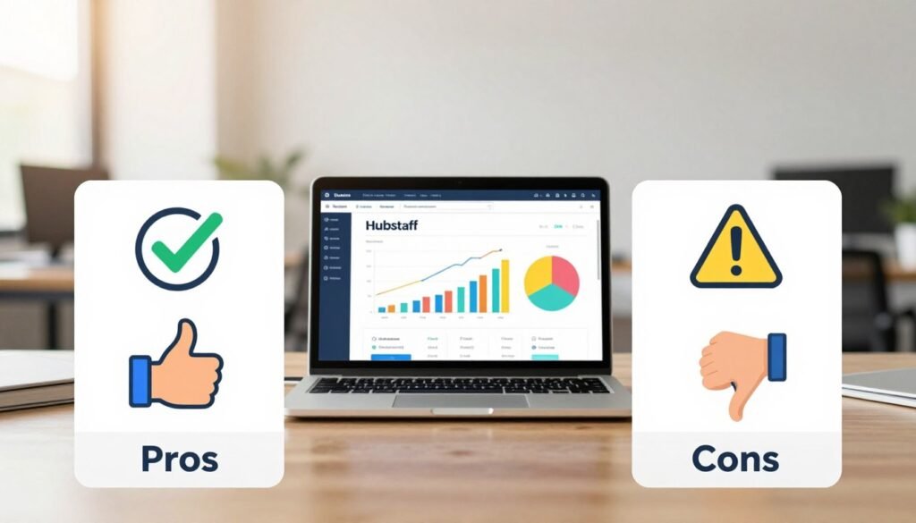 A visually striking, informative image depicting a balanced analysis of the pros and cons of Hubstaff time tracking software. In the foreground, two contrasting columns labeled "Pros" and "Cons," each illustrated with relevant icons: a checkmark and a thumbs-up for the pros, and a warning sign and a thumbs-down for the cons. In the middle, a sleek laptop displaying the Hubstaff interface, surrounded by colorful charts and graphs. The background features a blurred office setting, giving a professional ambiance, with soft, warm lighting resembling a midday glow. The atmosphere is analytical yet inviting, evoking a sense of clarity and productivity, ideal for a business-focused article. A visually striking, informative image depicting a balanced analysis of the pros and cons of Hubstaff time tracking software. In the foreground, two contrasting columns labeled "Pros" and "Cons," each illustrated with relevant icons: a checkmark and a thumbs-up for the pros, and a warning sign and a thumbs-down for the cons. In the middle, a sleek laptop displaying the Hubstaff interface, surrounded by colorful charts and graphs. The background features a blurred office setting, giving a professional ambiance, with soft, warm lighting resembling a midday glow. The atmosphere is analytical yet inviting, evoking a sense of clarity and productivity, ideal for a business-focused article.