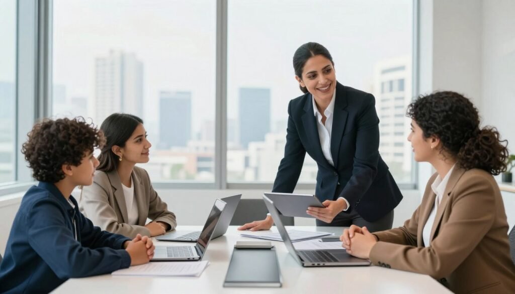 A Moroccan entrepreneurial family gathered in a modern business setting, showcasing unity and professionalism. In the foreground, a diverse family of four – a mother, father, and two children – dressed in stylish business attire. The mother, Miriem Bensalah-Chaqroun, exudes confidence with a warm smile, holding a tablet in one hand, surrounded by the family members engaged in a discussion about their business. In the middle ground, a sleek conference table is set with laptops and papers, suggesting an active planning session. The background features large windows letting in natural light, with a view of the city skyline, creating a bright and optimistic atmosphere. The overall mood is collaborative and ambitious, capturing the essence of Moroccan entrepreneurship. A Moroccan entrepreneurial family gathered in a modern business setting, showcasing unity and professionalism. In the foreground, a diverse family of four – a mother, father, and two children – dressed in stylish business attire. The mother, Miriem Bensalah-Chaqroun, exudes confidence with a warm smile, holding a tablet in one hand, surrounded by the family members engaged in a discussion about their business. In the middle ground, a sleek conference table is set with laptops and papers, suggesting an active planning session. The background features large windows letting in natural light, with a view of the city skyline, creating a bright and optimistic atmosphere. The overall mood is collaborative and ambitious, capturing the essence of Moroccan entrepreneurship.