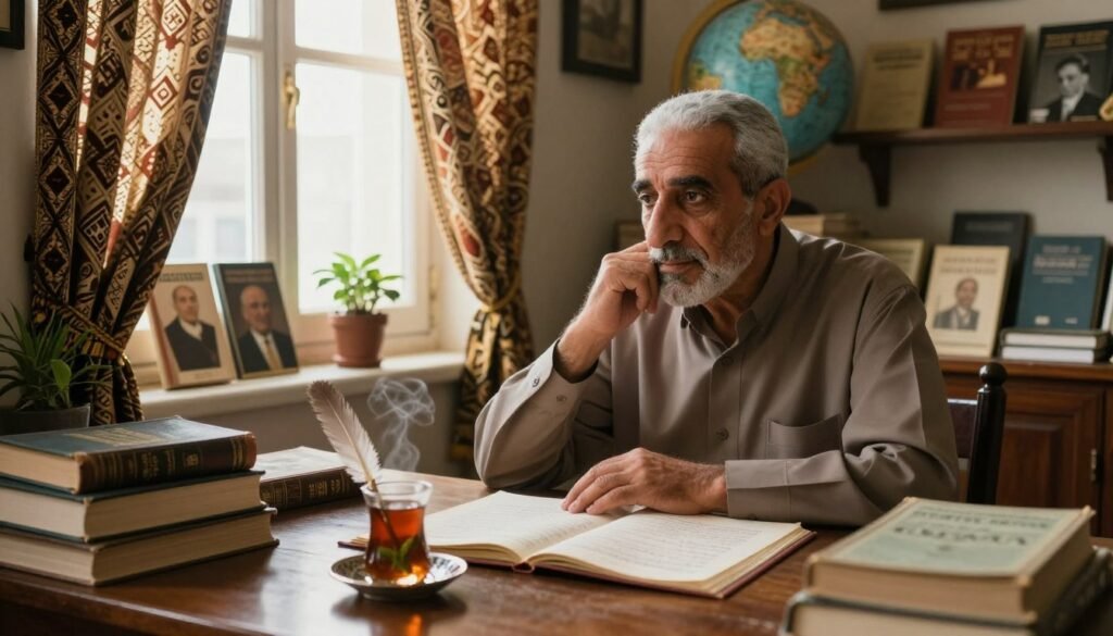 A Moroccan literary scene depicting a distinguished male author, resembling Mohamed Choukri, sitting at a wooden desk filled with classic books and handwritten manuscripts. In the foreground, a quill pen rests beside a steaming cup of mint tea. In the middle, soft natural light filters through a window adorned with traditional Moroccan patterned curtains, illuminating the author's thoughtful expression as he reflects on his literary journey. The background features shelves lined with works of famous authors, a globe symbolizing international impact, and a small potted plant. The atmosphere is warm and contemplative, evoking the rich cultural heritage and passion for literature that defines Choukri’s contributions, captured in a soft focus to enhance the sense of nostalgia. A Moroccan literary scene depicting a distinguished male author, resembling Mohamed Choukri, sitting at a wooden desk filled with classic books and handwritten manuscripts. In the foreground, a quill pen rests beside a steaming cup of mint tea. In the middle, soft natural light filters through a window adorned with traditional Moroccan patterned curtains, illuminating the author's thoughtful expression as he reflects on his literary journey. The background features shelves lined with works of famous authors, a globe symbolizing international impact, and a small potted plant. The atmosphere is warm and contemplative, evoking the rich cultural heritage and passion for literature that defines Choukri’s contributions, captured in a soft focus to enhance the sense of nostalgia.
