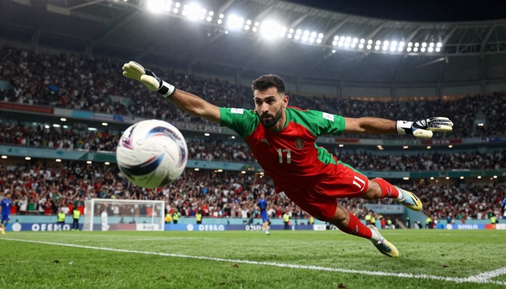 A Moroccan national soccer team goalkeeper in action during a match, capturing the moment with a dynamic pose. He wears the team's traditional vibrant jersey adorned with the national colors of red and green, showcasing the emblem on his chest. The foreground features a close-up view of his focused expression, highlighting determination and confidence. In the middle, the goalkeeper is in mid-air, diving towards the ball with outstretched arms against a backdrop of a packed stadium filled with cheering fans, illuminated by bright floodlights. The atmosphere is electric, conveying the intensity of international competition. Bright, dynamic lighting emphasizes the player's athleticism and the vibrant colors of the scene, creating a lively and inspiring mood. A Moroccan national soccer team goalkeeper in action during a match, capturing the moment with a dynamic pose. He wears the team's traditional vibrant jersey adorned with the national colors of red and green, showcasing the emblem on his chest. The foreground features a close-up view of his focused expression, highlighting determination and confidence. In the middle, the goalkeeper is in mid-air, diving towards the ball with outstretched arms against a backdrop of a packed stadium filled with cheering fans, illuminated by bright floodlights. The atmosphere is electric, conveying the intensity of international competition. Bright, dynamic lighting emphasizes the player's athleticism and the vibrant colors of the scene, creating a lively and inspiring mood.