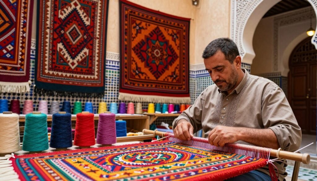 A Moroccan textile workshop showcasing innovations in sustainable fabrics. In the foreground, a skilled artisan carefully weaving vibrant textiles using organic materials, surrounded by spools of eco-friendly threads in bright colors. The middle ground features rich patterned textiles hanging on the walls, illuminated by warm, natural lighting that highlights the intricate designs. Traditional Moroccan architectural elements, such as archways and mosaic tiles, create a culturally rich backdrop. The atmosphere is one of creativity and sustainability, emphasizing harmony between traditional craftsmanship and modern eco-conscious practices. The lens captures the scene with a slight depth of field, focusing on the artisan while gently blurring the background, conveying a sense of dedication and artistry. A Moroccan textile workshop showcasing innovations in sustainable fabrics. In the foreground, a skilled artisan carefully weaving vibrant textiles using organic materials, surrounded by spools of eco-friendly threads in bright colors. The middle ground features rich patterned textiles hanging on the walls, illuminated by warm, natural lighting that highlights the intricate designs. Traditional Moroccan architectural elements, such as archways and mosaic tiles, create a culturally rich backdrop. The atmosphere is one of creativity and sustainability, emphasizing harmony between traditional craftsmanship and modern eco-conscious practices. The lens captures the scene with a slight depth of field, focusing on the artisan while gently blurring the background, conveying a sense of dedication and artistry.