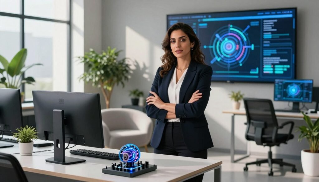 A Moroccan woman, Hajar Mousannif, stands confidently in a sleek modern office space, showcasing her groundbreaking work in artificial intelligence. She wears professional business attire, exuding a sense of innovation and expertise, with a backdrop of high-tech screens displaying complex AI algorithms and data visualizations. The foreground features a desk with advanced computing devices and AI models, while in the middle ground, the office is filled with plants and futuristic furniture, promoting a creative and inspirational atmosphere. Soft natural light filters in through large windows, casting shadows that accentuate her thoughtful expression. The mood is dynamic and empowering, capturing the essence of her achievements in the field of AI. The image emphasizes professionalism and innovation, focusing on Hajar's influential role in artificial intelligence. A Moroccan woman, Hajar Mousannif, stands confidently in a sleek modern office space, showcasing her groundbreaking work in artificial intelligence. She wears professional business attire, exuding a sense of innovation and expertise, with a backdrop of high-tech screens displaying complex AI algorithms and data visualizations. The foreground features a desk with advanced computing devices and AI models, while in the middle ground, the office is filled with plants and futuristic furniture, promoting a creative and inspirational atmosphere. Soft natural light filters in through large windows, casting shadows that accentuate her thoughtful expression. The mood is dynamic and empowering, capturing the essence of her achievements in the field of AI. The image emphasizes professionalism and innovation, focusing on Hajar's influential role in artificial intelligence.
