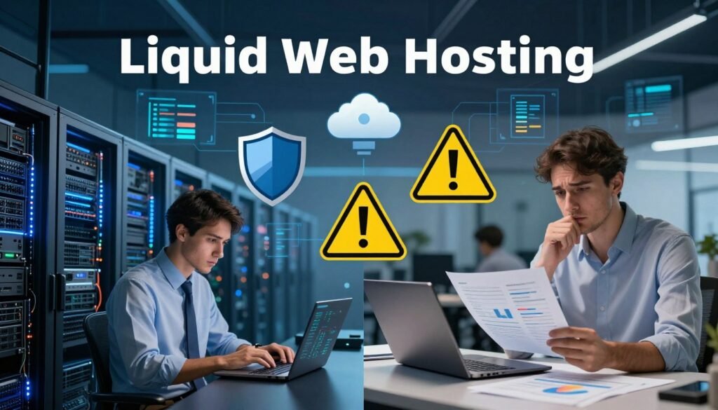 A balanced composition illustrating the advantages and disadvantages of Liquid Web hosting services. In the foreground, a split-screen view, one half showcasing a visually appealing server room with glowing lights, sleek servers, and a confident IT professional in smart attire analyzing data on a laptop. The opposite half depicts a concerned business person reviewing a report with a thoughtful expression, surrounded by papers and charts indicating performance dips. In the middle ground, incorporate symbols of reliability like a shield or badge, contrasted with warning signs like a lightning bolt or exclamation mark to represent potential drawbacks. The background features a modern digital landscape with abstract representations of data flow and cloud storage. Soft, even lighting casts a professional atmosphere, emphasizing clarity and analysis while maintaining a sense of seriousness and professionalism. A balanced composition illustrating the advantages and disadvantages of Liquid Web hosting services. In the foreground, a split-screen view, one half showcasing a visually appealing server room with glowing lights, sleek servers, and a confident IT professional in smart attire analyzing data on a laptop. The opposite half depicts a concerned business person reviewing a report with a thoughtful expression, surrounded by papers and charts indicating performance dips. In the middle ground, incorporate symbols of reliability like a shield or badge, contrasted with warning signs like a lightning bolt or exclamation mark to represent potential drawbacks. The background features a modern digital landscape with abstract representations of data flow and cloud storage. Soft, even lighting casts a professional atmosphere, emphasizing clarity and analysis while maintaining a sense of seriousness and professionalism.