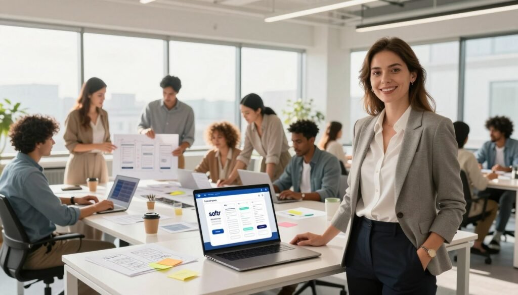 A bright, modern office space showcasing the advantages of a no-code platform. In the foreground, a professional woman in business attire stands confidently by a sleek desk with a laptop open, displaying an intuitive app interface created with Softr. In the middle, a diverse group of colleagues collaborates around a large table, sketching app ideas on paper, with sticky notes and digital devices scattered about. The background features large windows letting in warm, natural light, creating an inviting atmosphere. The overall mood is inspiring and innovative, emphasizing teamwork and creativity. Shot with a wide-angle lens to capture the whole environment, the scene is vibrant and filled with enthusiasm. A bright, modern office space showcasing the advantages of a no-code platform. In the foreground, a professional woman in business attire stands confidently by a sleek desk with a laptop open, displaying an intuitive app interface created with Softr. In the middle, a diverse group of colleagues collaborates around a large table, sketching app ideas on paper, with sticky notes and digital devices scattered about. The background features large windows letting in warm, natural light, creating an inviting atmosphere. The overall mood is inspiring and innovative, emphasizing teamwork and creativity. Shot with a wide-angle lens to capture the whole environment, the scene is vibrant and filled with enthusiasm.