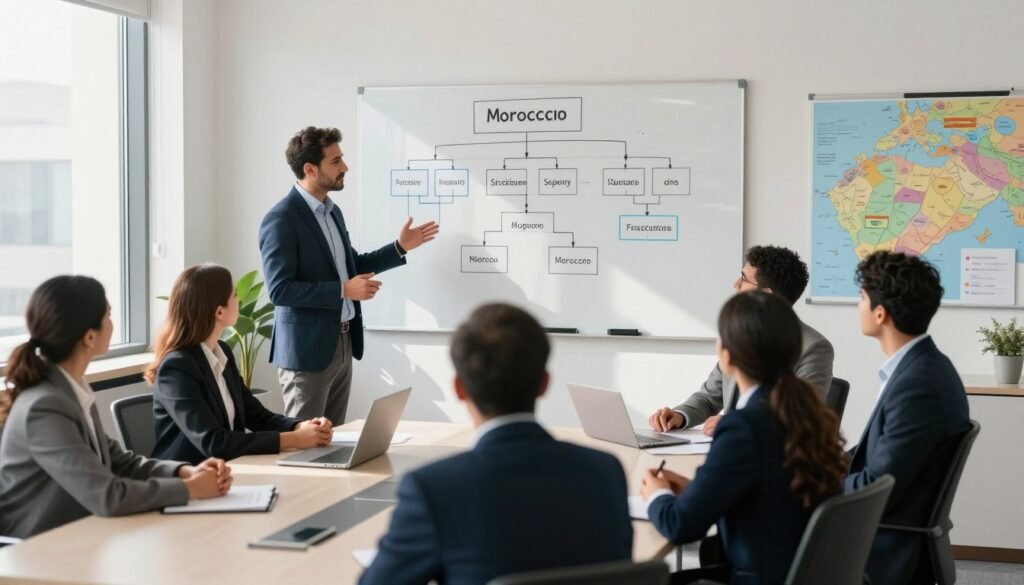 A business consultant stands in an office environment, surrounded by a large whiteboard filled with flowcharts and diagrams illustrating different corporate structures in Morocco. The consultant, dressed in professional business attire, gestures as they explain the options to a diverse group of attentive entrepreneurs seated around a modern conference table. On a wall, a map of Morocco is strategically placed, emphasizing the geographical context. The room is well-lit with natural sunlight streaming through large windows, casting soft shadows that create an inviting atmosphere. The scene captures the essence of collaboration and informed decision-making, showcasing the process of choosing a legal form for a business. The focus is sharp on the consultant and the board, while the group appears engaged and focused, reflecting a proactive mood. A business consultant stands in an office environment, surrounded by a large whiteboard filled with flowcharts and diagrams illustrating different corporate structures in Morocco. The consultant, dressed in professional business attire, gestures as they explain the options to a diverse group of attentive entrepreneurs seated around a modern conference table. On a wall, a map of Morocco is strategically placed, emphasizing the geographical context. The room is well-lit with natural sunlight streaming through large windows, casting soft shadows that create an inviting atmosphere. The scene captures the essence of collaboration and informed decision-making, showcasing the process of choosing a legal form for a business. The focus is sharp on the consultant and the board, while the group appears engaged and focused, reflecting a proactive mood.