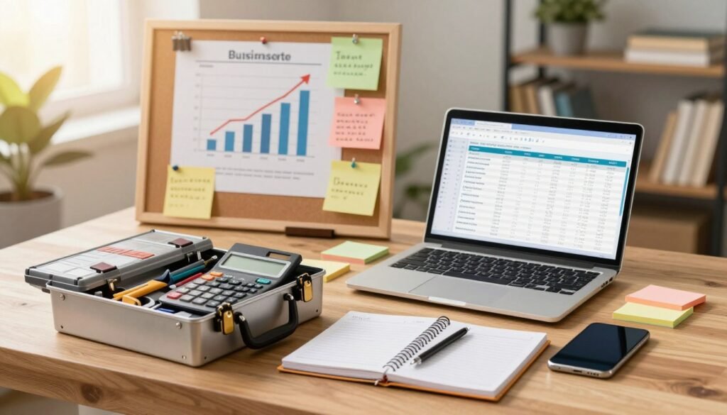A business toolkit set on a wooden desk, featuring an open laptop displaying spreadsheet software, a sleek smartphone, and colorful sticky notes scattered around. In the foreground, there’s a metallic toolbox filled with professional tools like a calculator, a planner, and various business stationery, all neatly organized. The middle ground shows a vision board with growth charts and motivational quotes pinned on a corkboard, hinting at a dynamic work environment. The background features a softly blurred office setting with potted plants and shelves filled with books. The lighting is warm and inviting, creating a productive atmosphere, while a slight lens flare adds a modern touch to the scene. The overall mood is inspiring and professional, capturing the essence of effective business management. A business toolkit set on a wooden desk, featuring an open laptop displaying spreadsheet software, a sleek smartphone, and colorful sticky notes scattered around. In the foreground, there’s a metallic toolbox filled with professional tools like a calculator, a planner, and various business stationery, all neatly organized. The middle ground shows a vision board with growth charts and motivational quotes pinned on a corkboard, hinting at a dynamic work environment. The background features a softly blurred office setting with potted plants and shelves filled with books. The lighting is warm and inviting, creating a productive atmosphere, while a slight lens flare adds a modern touch to the scene. The overall mood is inspiring and professional, capturing the essence of effective business management.