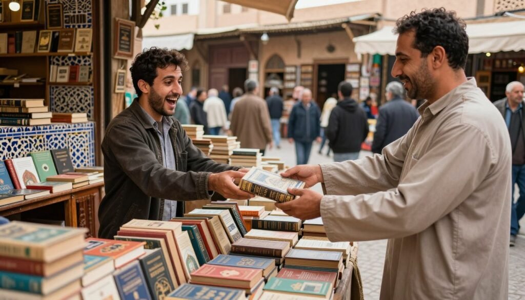 A bustling Moroccan street scene featuring a local bookseller surrounded by colorful stacks of rare and second-hand books. In the foreground, a friendly bookseller, wearing modest casual clothing, tenderly hands over a beautifully bound book to a customer, who shows excitement in their expression. The middle ground shows various books displayed on rustic wooden tables, with intricate Moroccan tiles in the backdrop. The background captures a vibrant marketplace with traditional architecture, sun-dappled, creating a warm and inviting atmosphere. Soft, natural lighting enhances the textures of the books and the warm colors of the surroundings. The overall mood is lively and engaging, reflecting a sense of discovery and the joy of finding unique literary treasures. A bustling Moroccan street scene featuring a local bookseller surrounded by colorful stacks of rare and second-hand books. In the foreground, a friendly bookseller, wearing modest casual clothing, tenderly hands over a beautifully bound book to a customer, who shows excitement in their expression. The middle ground shows various books displayed on rustic wooden tables, with intricate Moroccan tiles in the backdrop. The background captures a vibrant marketplace with traditional architecture, sun-dappled, creating a warm and inviting atmosphere. Soft, natural lighting enhances the textures of the books and the warm colors of the surroundings. The overall mood is lively and engaging, reflecting a sense of discovery and the joy of finding unique literary treasures.