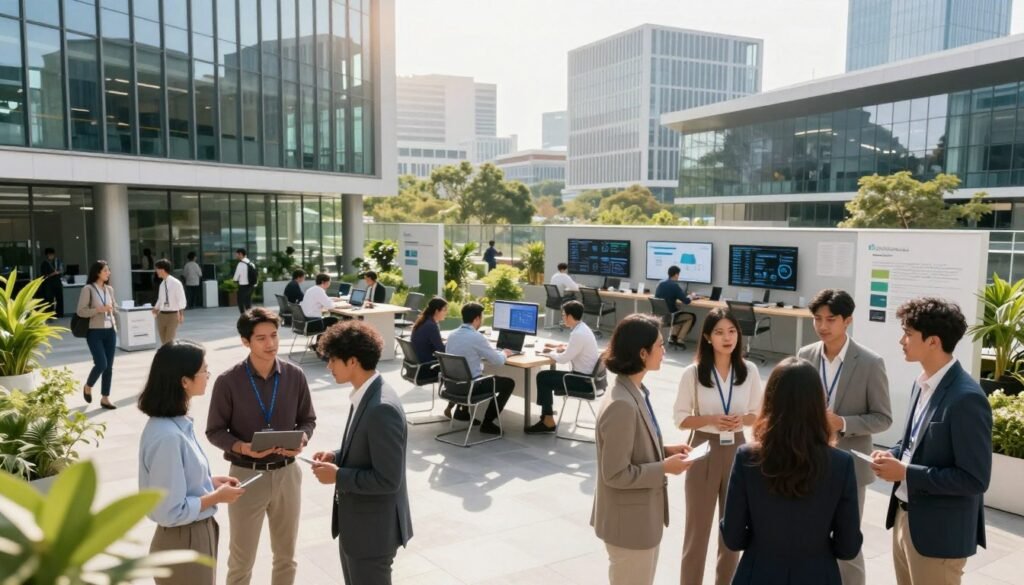 A bustling Technopark filled with innovative startups, featuring modern buildings with large glass facades reflecting bright sunlight. In the foreground, a diverse group of young professionals in smart business attire engages in discussion, showcasing collaboration and creativity. In the middle ground, tech entrepreneurs are working on laptops at communal tables, surrounded by greenery and high-tech displays. The background reveals a skyline of sleek, contemporary architecture, emphasizing innovation. Soft, natural lighting fills the scene, creating an inspiring and optimistic atmosphere. The angle is slightly elevated, providing a dynamic view that captures the energy and growth of the startup environment within the Technopark. A bustling Technopark filled with innovative startups, featuring modern buildings with large glass facades reflecting bright sunlight. In the foreground, a diverse group of young professionals in smart business attire engages in discussion, showcasing collaboration and creativity. In the middle ground, tech entrepreneurs are working on laptops at communal tables, surrounded by greenery and high-tech displays. The background reveals a skyline of sleek, contemporary architecture, emphasizing innovation. Soft, natural lighting fills the scene, creating an inspiring and optimistic atmosphere. The angle is slightly elevated, providing a dynamic view that captures the energy and growth of the startup environment within the Technopark.