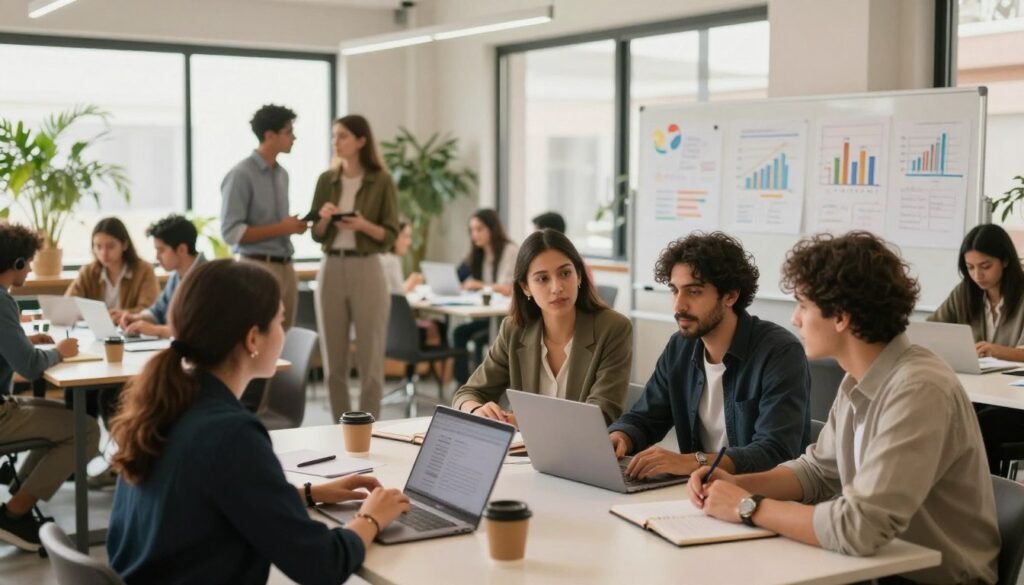 A bustling co-working space filled with diverse entrepreneurs engaged in discussions and collaboration. In the foreground, a group of three entrepreneurs, a man and two women, are passionately brainstorming ideas around a table covered with laptops, notebooks, and coffee cups, all dressed in smart casual attire. In the middle, an open space features whiteboards filled with colorful diagrams and graphs depicting business strategies. In the background, large windows allow soft natural light to flood the room, creating a warm and inviting atmosphere. Lush indoor plants add a touch of nature, emphasizing growth and innovation. The overall mood is one of support, motivation, and creativity, ideal for highlighting the entrepreneurial spirit in Morocco. A bustling co-working space filled with diverse entrepreneurs engaged in discussions and collaboration. In the foreground, a group of three entrepreneurs, a man and two women, are passionately brainstorming ideas around a table covered with laptops, notebooks, and coffee cups, all dressed in smart casual attire. In the middle, an open space features whiteboards filled with colorful diagrams and graphs depicting business strategies. In the background, large windows allow soft natural light to flood the room, creating a warm and inviting atmosphere. Lush indoor plants add a touch of nature, emphasizing growth and innovation. The overall mood is one of support, motivation, and creativity, ideal for highlighting the entrepreneurial spirit in Morocco.