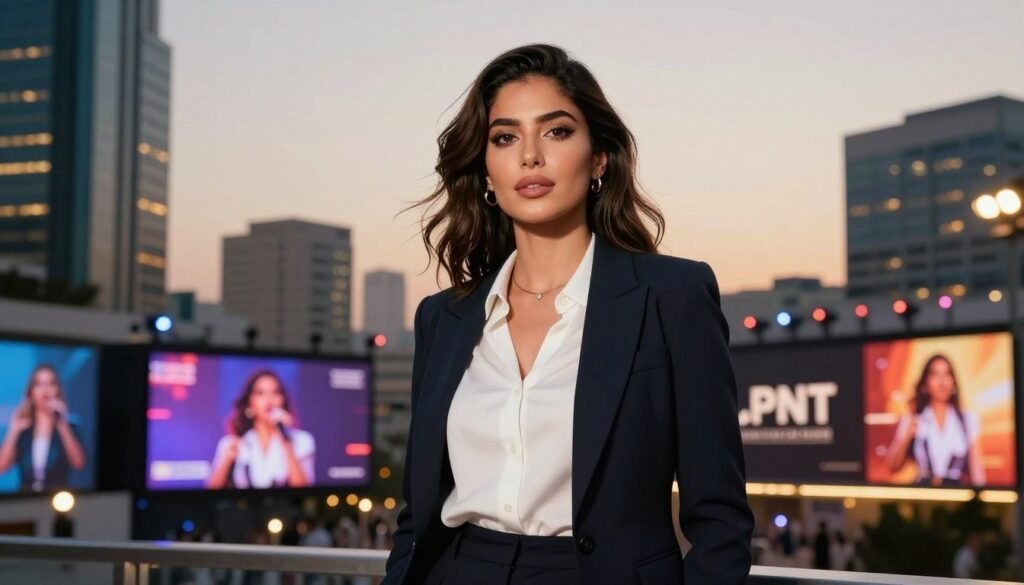 A charismatic young Moroccan woman, Nora Fatehi, exuding confidence, stands in an elegant, professional business attire. She is positioned in the foreground, engaging directly with the viewer, showcasing her impactful presence in media. The middle ground features a blend of vibrant city lights and dynamic screens displaying images of her performances and endorsements, symbolizing her influence in entertainment and fashion. The background showcases a chic urban skyline at dusk, with soft glow of golden hour lighting enhancing the atmosphere. The mood is empowering and dynamic, reflecting her journey and image in the media landscape. Use a slight low angle to emphasize her stature, with sharp focus on her facial expression, capturing her charm and professionalism. Natural light mingles with ambient city illumination for a warm, inviting effect. A charismatic young Moroccan woman, Nora Fatehi, exuding confidence, stands in an elegant, professional business attire. She is positioned in the foreground, engaging directly with the viewer, showcasing her impactful presence in media. The middle ground features a blend of vibrant city lights and dynamic screens displaying images of her performances and endorsements, symbolizing her influence in entertainment and fashion. The background showcases a chic urban skyline at dusk, with soft glow of golden hour lighting enhancing the atmosphere. The mood is empowering and dynamic, reflecting her journey and image in the media landscape. Use a slight low angle to emphasize her stature, with sharp focus on her facial expression, capturing her charm and professionalism. Natural light mingles with ambient city illumination for a warm, inviting effect.