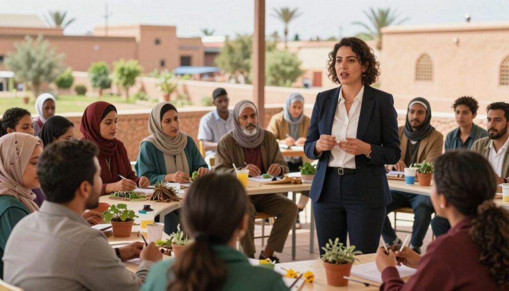 A collaborative scene depicting the essence of the Social and Solidarity Economy (ESS) in Morocco, showcasing diverse individuals from various backgrounds working together in a vibrant community center. In the foreground, a focused woman in professional business attire leads a discussion with a small group of engaged participants, highlighting the spirit of cooperation and empowerment. In the middle ground, diverse community members are seen engaging in skill-building activities, such as crafting, gardening, and conducting workshops, symbolizing empowerment through education and employment opportunities. The background features a sunny Moroccan landscape with traditional architecture and greenery, evoking a sense of hope and growth. Soft, warm lighting bathes the scene in a positive atmosphere, capturing the mood of unity, resilience, and the fight against poverty and exclusion. A collaborative scene depicting the essence of the Social and Solidarity Economy (ESS) in Morocco, showcasing diverse individuals from various backgrounds working together in a vibrant community center. In the foreground, a focused woman in professional business attire leads a discussion with a small group of engaged participants, highlighting the spirit of cooperation and empowerment. In the middle ground, diverse community members are seen engaging in skill-building activities, such as crafting, gardening, and conducting workshops, symbolizing empowerment through education and employment opportunities. The background features a sunny Moroccan landscape with traditional architecture and greenery, evoking a sense of hope and growth. Soft, warm lighting bathes the scene in a positive atmosphere, capturing the mood of unity, resilience, and the fight against poverty and exclusion.