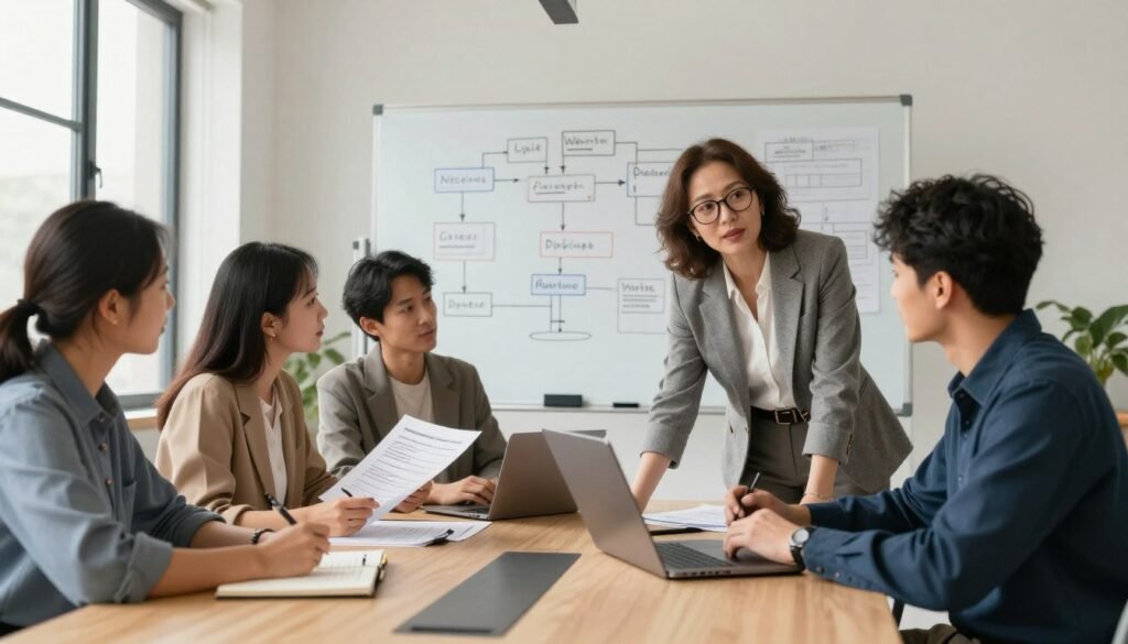 A collaborative workspace featuring a diverse group of marketing professionals engaged in a white-label agency strategy meeting. In the foreground, a middle-aged woman with glasses in professional attire stands next to a conference table, presenting ideas on a laptop. Around the table, a young man dressed in smart casual clothing takes notes while two women review marketing documents. In the middle background, a large whiteboard filled with flowcharts and marketing strategies adds depth. Soft, natural lighting floods the room from large windows, creating a warm and inviting atmosphere. The mood is focused and innovative, reflecting collaboration and teamwork in a modern business environment, emphasizing professionalism and synergy. A collaborative workspace featuring a diverse group of marketing professionals engaged in a white-label agency strategy meeting. In the foreground, a middle-aged woman with glasses in professional attire stands next to a conference table, presenting ideas on a laptop. Around the table, a young man dressed in smart casual clothing takes notes while two women review marketing documents. In the middle background, a large whiteboard filled with flowcharts and marketing strategies adds depth. Soft, natural lighting floods the room from large windows, creating a warm and inviting atmosphere. The mood is focused and innovative, reflecting collaboration and teamwork in a modern business environment, emphasizing professionalism and synergy.