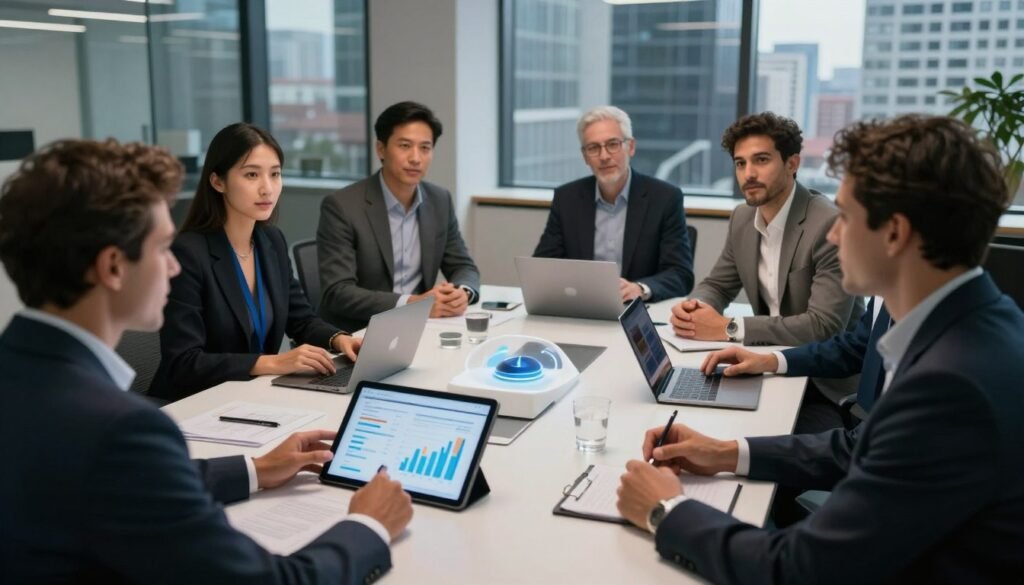 A collaborative workspace showcasing expert testimonials and partnerships in innovation. In the foreground, a diverse group of professionals in business attire engage in a dynamic discussion, with a digital tablet displaying charts and graphs. The middle ground features a modern conference table surrounded by futuristic gadgets and prototypes, emphasizing innovation. The background has large windows revealing a bustling cityscape, symbolizing progress and opportunity. Soft, ambient lighting creates a warm and inviting atmosphere, with highlights illuminating the professionals' faces, capturing their enthusiasm. The camera angle is slightly elevated, providing a comprehensive view of the interaction, inviting the viewer into this collaborative environment. A collaborative workspace showcasing expert testimonials and partnerships in innovation. In the foreground, a diverse group of professionals in business attire engage in a dynamic discussion, with a digital tablet displaying charts and graphs. The middle ground features a modern conference table surrounded by futuristic gadgets and prototypes, emphasizing innovation. The background has large windows revealing a bustling cityscape, symbolizing progress and opportunity. Soft, ambient lighting creates a warm and inviting atmosphere, with highlights illuminating the professionals' faces, capturing their enthusiasm. The camera angle is slightly elevated, providing a comprehensive view of the interaction, inviting the viewer into this collaborative environment.