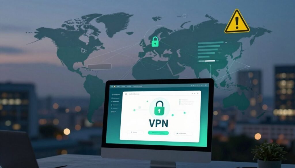 A conceptual illustration depicting the limits and areas for improvement of a VPN service. In the foreground, a modern computer screen displays a stylized VPN interface, with visual elements representing security and connectivity. In the middle ground, graphical representations of barriers or walls symbolize limitations, perhaps with digital locks or warning signs. The background features a blurred cityscape at dusk, highlighting the digital world. Soft, ambient lighting casts a professional and thoughtful tone, while deep blues and greens dominate the color palette, evoking a sense of technology and security. The overall mood is reflective and analytical, suitable for a discussion on enhancing online safety. A conceptual illustration depicting the limits and areas for improvement of a VPN service. In the foreground, a modern computer screen displays a stylized VPN interface, with visual elements representing security and connectivity. In the middle ground, graphical representations of barriers or walls symbolize limitations, perhaps with digital locks or warning signs. The background features a blurred cityscape at dusk, highlighting the digital world. Soft, ambient lighting casts a professional and thoughtful tone, while deep blues and greens dominate the color palette, evoking a sense of technology and security. The overall mood is reflective and analytical, suitable for a discussion on enhancing online safety.