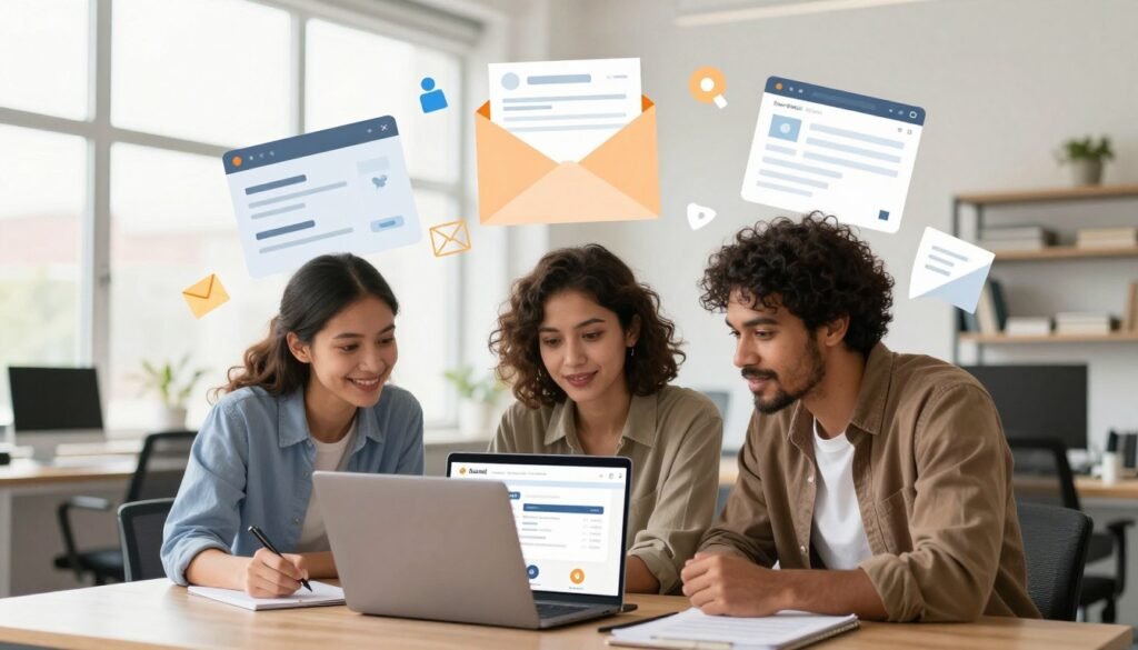 A conceptual illustration depicting the theme of email marketing credibility for creators. In the foreground, a diverse group of three professional creators (a woman and two men) dressed in smart casual attire, intently reviewing an email marketing campaign on a laptop, showcasing productivity and collaboration. In the middle ground, various digital elements representing email metrics and analytics float around them, symbolizing data-driven decisions and authenticity in marketing. The background features a modern workspace with bright, natural lighting streaming through a large window, creating an optimistic and inspiring atmosphere. The color palette is warm and inviting, emphasizing creativity and trust. The composition should convey a sense of teamwork and innovation, focusing on the importance of credibility in email marketing. A conceptual illustration depicting the theme of email marketing credibility for creators. In the foreground, a diverse group of three professional creators (a woman and two men) dressed in smart casual attire, intently reviewing an email marketing campaign on a laptop, showcasing productivity and collaboration. In the middle ground, various digital elements representing email metrics and analytics float around them, symbolizing data-driven decisions and authenticity in marketing. The background features a modern workspace with bright, natural lighting streaming through a large window, creating an optimistic and inspiring atmosphere. The color palette is warm and inviting, emphasizing creativity and trust. The composition should convey a sense of teamwork and innovation, focusing on the importance of credibility in email marketing.