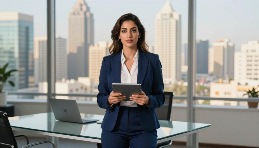 A confident Moroccan businesswoman, Miriem Bensalah‑Chaqroun, is depicted in a modern office environment. In the foreground, she stands upright, exuding authority, dressed in a tailored navy blue suit and holding a tablet. Her hair is elegantly styled, conveying professionalism. The middle ground features a sleek glass desk with a laptop and a city skyline view through large windows, bathed in warm natural light, suggesting a busy daytime atmosphere. In the background, a vibrant urban landscape showcases high-rise buildings, symbolizing her influence in the business world. The overall mood is empowering and dynamic, reflecting her impact and presence in international business. Use a wide-angle lens to capture the full scene with a soft focus to emphasize her stature and importance. A confident Moroccan businesswoman, Miriem Bensalah‑Chaqroun, is depicted in a modern office environment. In the foreground, she stands upright, exuding authority, dressed in a tailored navy blue suit and holding a tablet. Her hair is elegantly styled, conveying professionalism. The middle ground features a sleek glass desk with a laptop and a city skyline view through large windows, bathed in warm natural light, suggesting a busy daytime atmosphere. In the background, a vibrant urban landscape showcases high-rise buildings, symbolizing her influence in the business world. The overall mood is empowering and dynamic, reflecting her impact and presence in international business. Use a wide-angle lens to capture the full scene with a soft focus to emphasize her stature and importance.